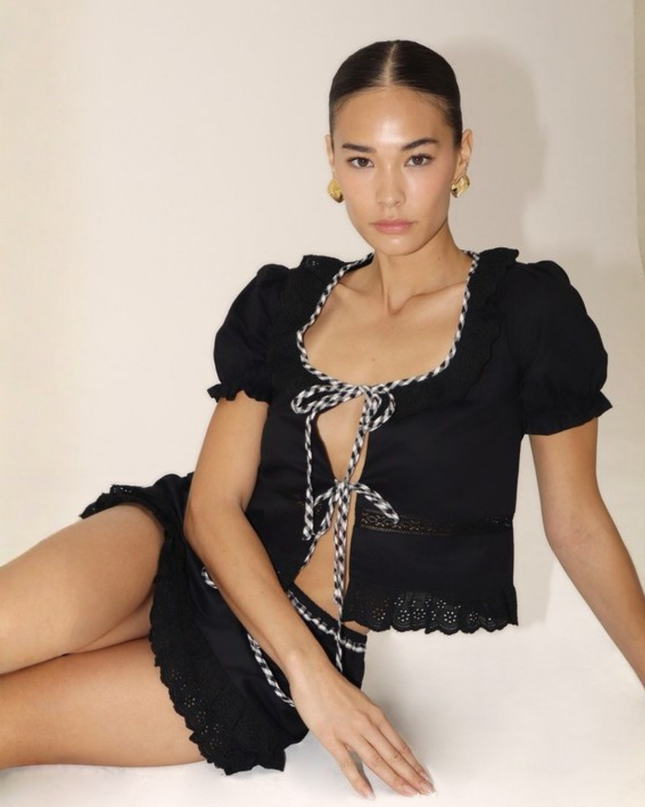 Boho Tie-Front Blouse – Embroidered Black Crop Top