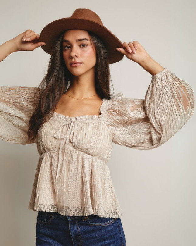 Pleated Lace Peplum Blouse with Puff Sleeves