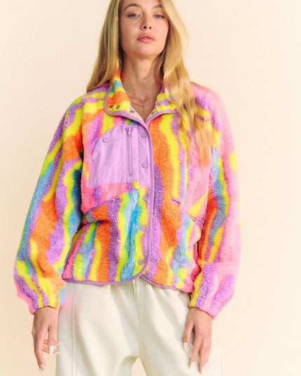 Fuzzy Multi Color Textured Zipper Pocket Jacket