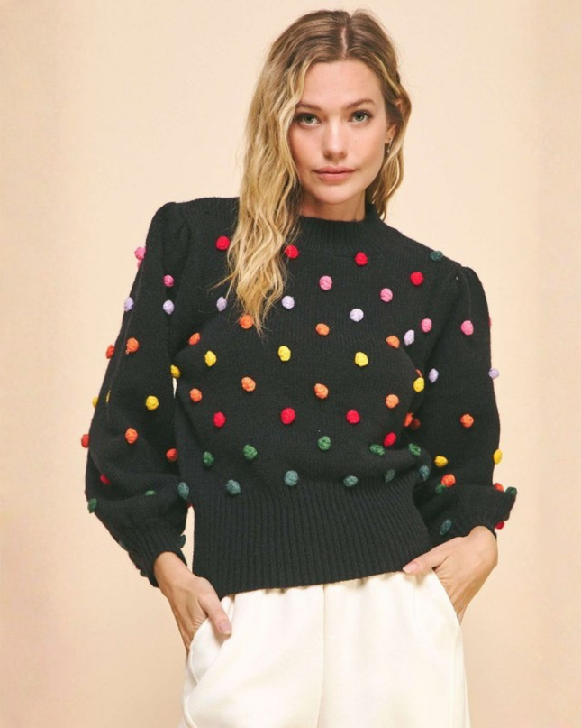 Black Knit Polka Dot Pom Pom Sweater – Puff Sleeve Statement Knitwear