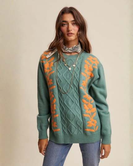 Floral Cable Knit Sweater – Sage Green Retro Cozy Pullover