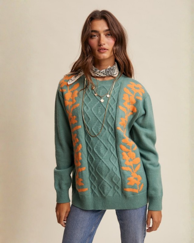 Floral Cable Knit Sweater – Sage Green Retro Cozy Pullover