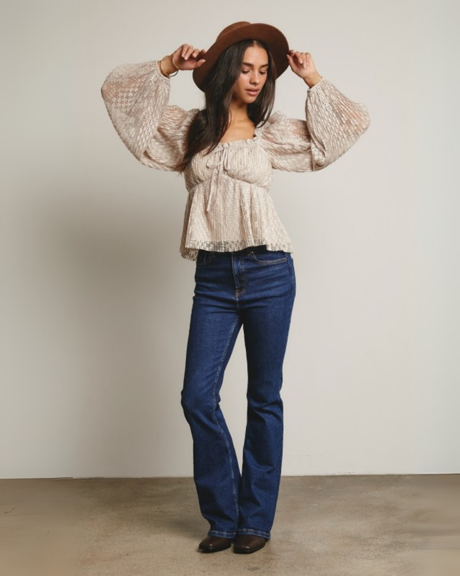 Pleated Lace Peplum Blouse with Puff Sleeves
