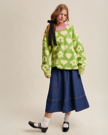 Heart & Bloom Jacquard Knit Pullover – Pistachio