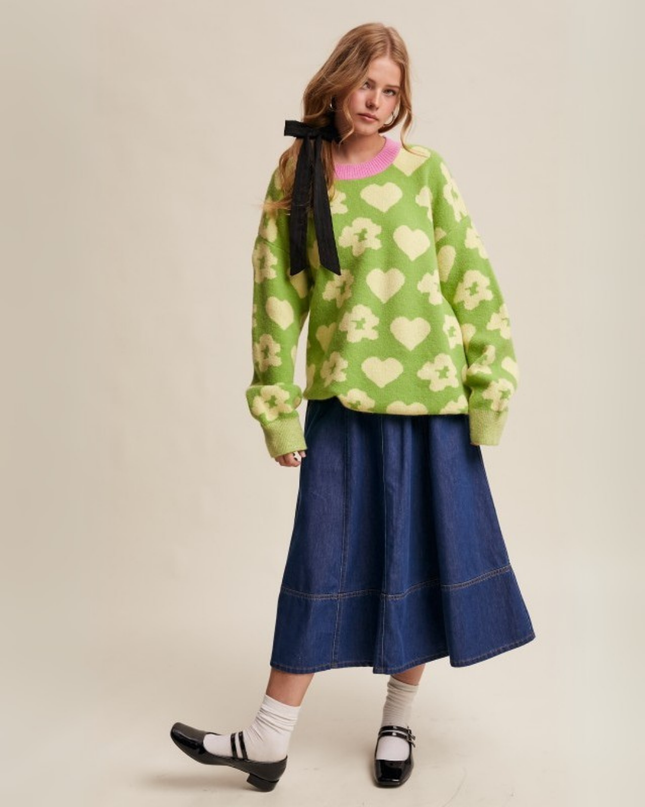 Heart & Bloom Jacquard Knit Pullover – Pistachio