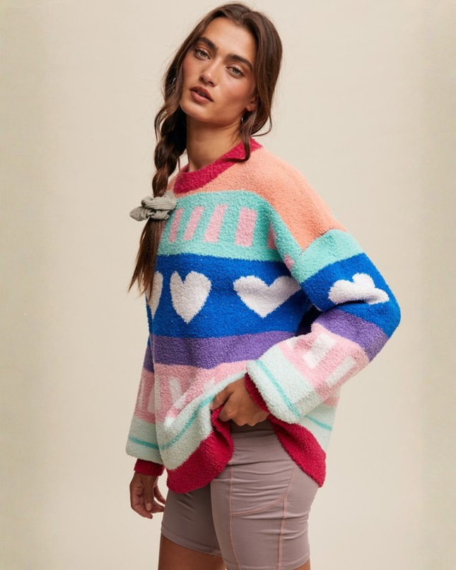 Colorblock Heart Striped Fuzzy Sweater – Retro Rainbow Cozy Knit