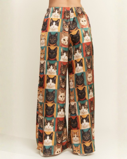 Cat Portrait Wide Leg Pants – Artistic Kitty Print, Flowy Lounge Fit, Quirky Statement Bottoms
