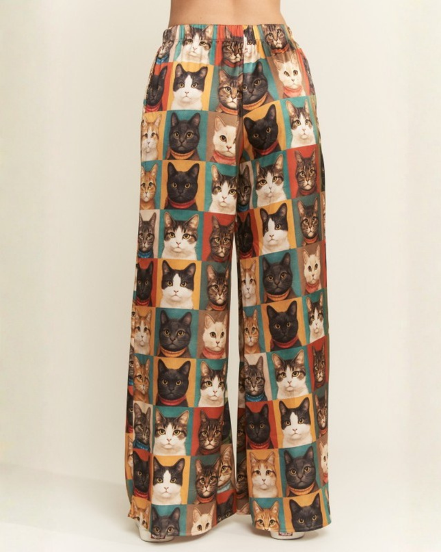 Cat Portrait Wide Leg Pants – Artistic Kitty Print, Flowy Lounge Fit, Quirky Statement Bottoms