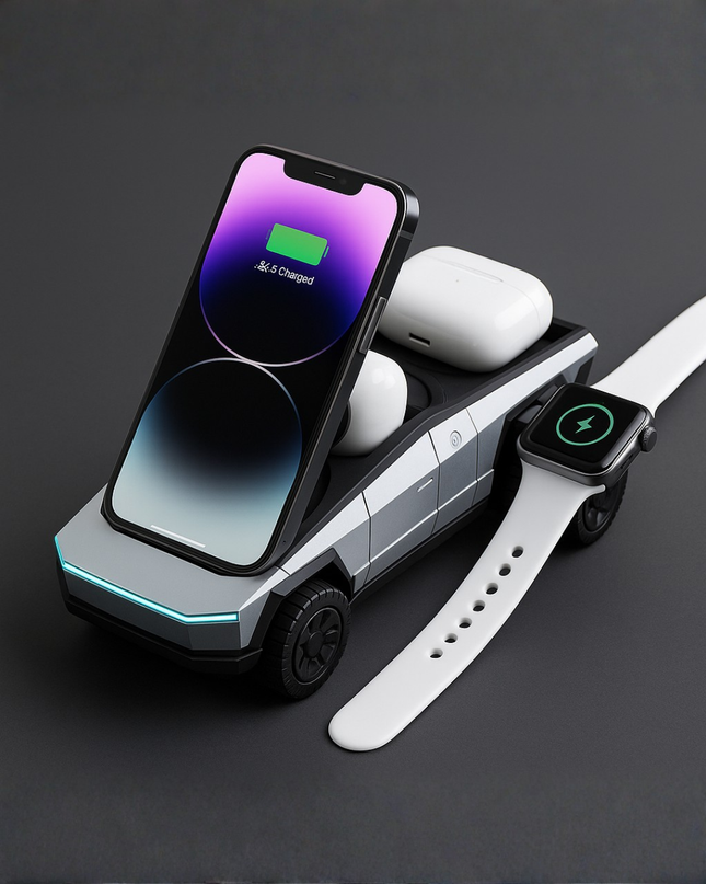 Cybertruck 3-in-1 Wireless Charging Station – Fast Charger for iPhone, AirPods & Apple Watch