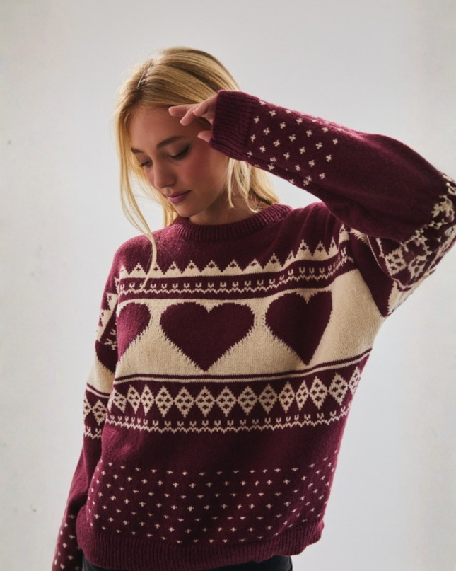 Heart Fair Isle Knit Sweater – Cozy Crewneck Pullover