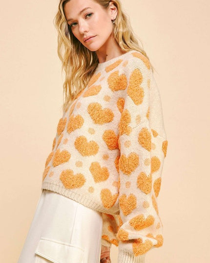 Textured Heart Loose Fit Long Sleeve Knit Sweater