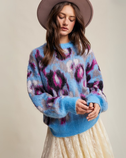 Fuzzy Abstract Leopard Knit Pullover – Light Blue