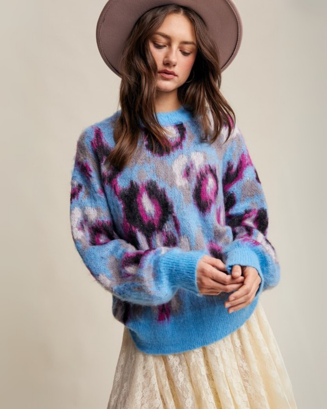 Fuzzy Abstract Leopard Knit Pullover – Light Blue
