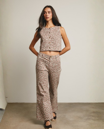 Leopard Print Denim Vest & Wide-Leg Pants Set