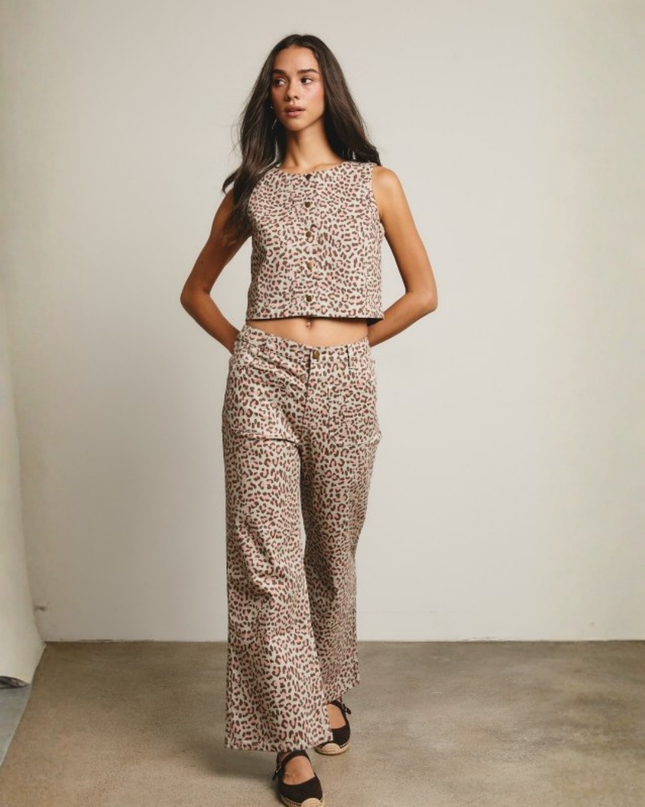 Leopard Print Denim Vest & Wide-Leg Pants Set
