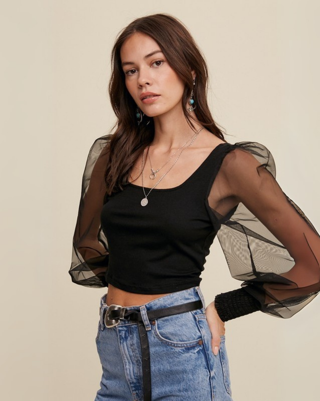 Square Neck Mesh Puff Sleeve Knit Top