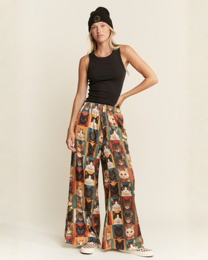 Cat Portrait Wide Leg Pants – Artistic Kitty Print, Flowy Lounge Fit, Quirky Statement Bottoms