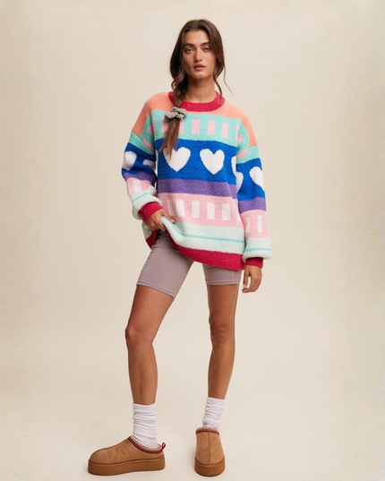 Colorblock Heart Striped Fuzzy Sweater – Retro Rainbow Cozy Knit