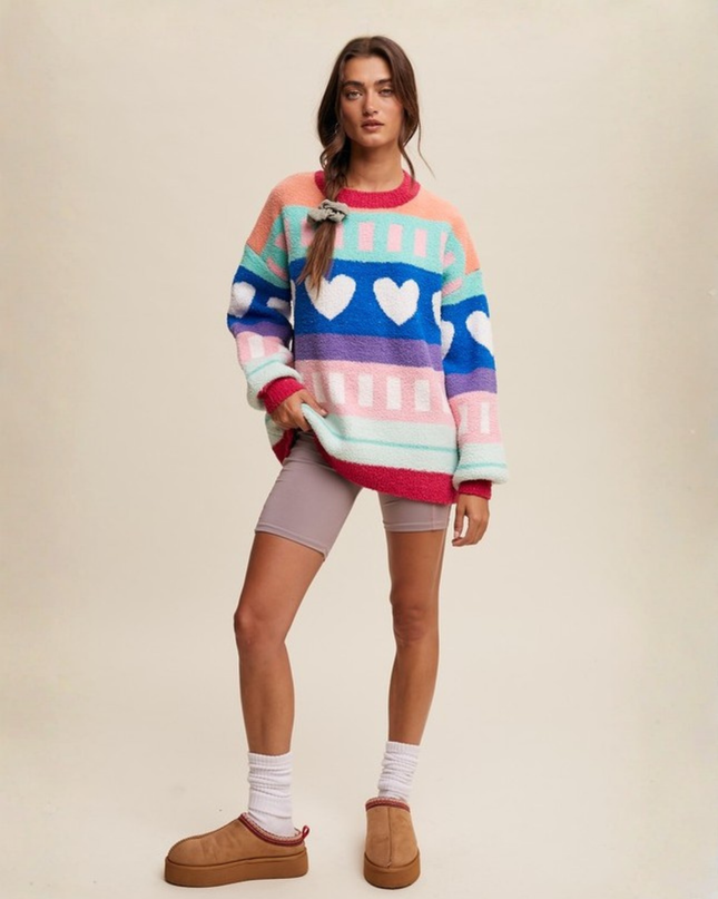Colorblock Heart Striped Fuzzy Sweater – Retro Rainbow Cozy Knit