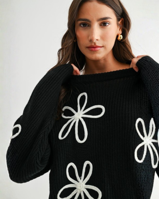 Flower Loop Knit Sweater – Oversized Black Daisy Pullover
