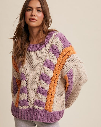 V-striped Chunky Knit Handmade Sweater