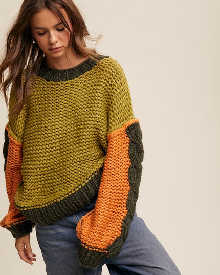 Chunky Knit Colorblock Sweater – Cozy and Trendy Winter Essential