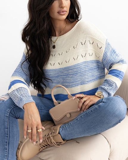 Light Blue Open Stitch Puff Sleeve Sweater – Elegant and Breezy