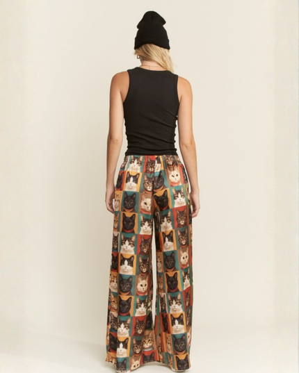 Cat Portrait Wide Leg Pants – Artistic Kitty Print, Flowy Lounge Fit, Quirky Statement Bottoms
