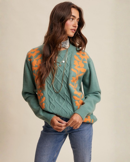 Floral Cable Knit Sweater – Sage Green Retro Cozy Pullover