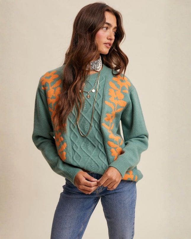 Floral Cable Knit Sweater – Sage Green Retro Cozy Pullover