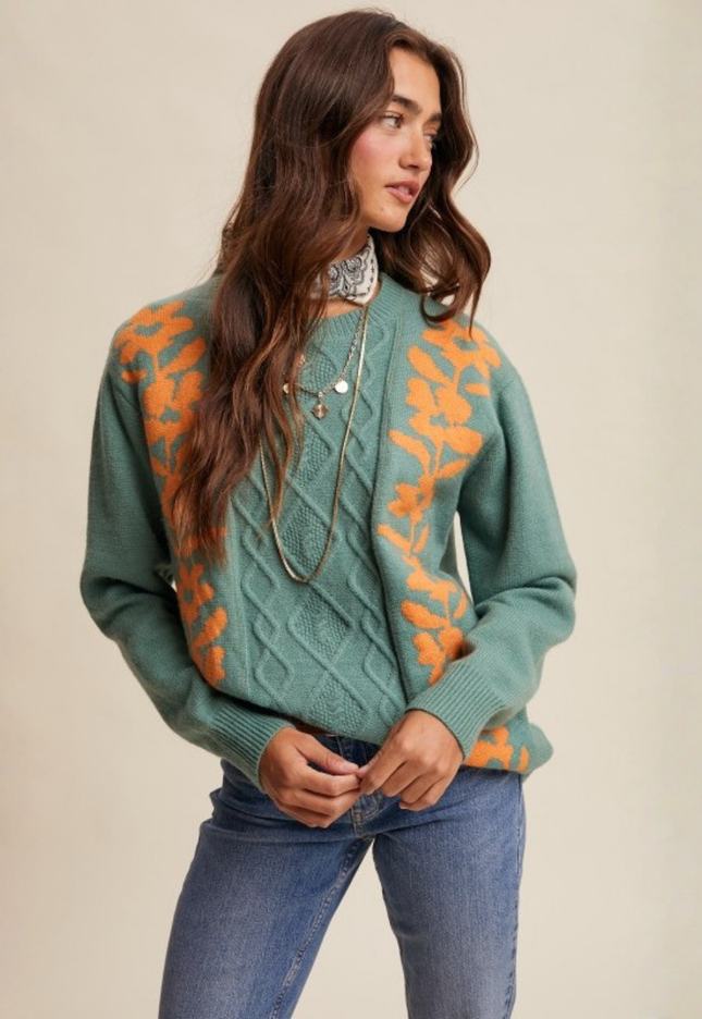 Floral Cable Knit Sweater – Sage Green Retro Cozy Pullover