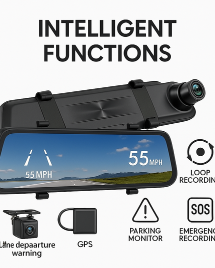 Smart Rearview Mirror with Front & Rear Camera, 2.5K Touchscreen, GPS & 32GB SD Card