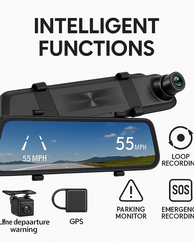 Smart Rearview Mirror with Front & Rear Camera, 2.5K Touchscreen, GPS & 32GB SD Card