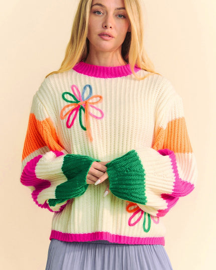 Beige Colorblock Flower Print Cable Knit Loose Sweater – Cozy and Chic