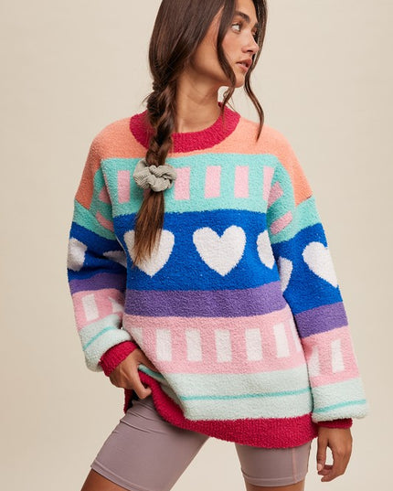 Multicolor Heart-Patterned Sweater – Cozy and Stylish Winter Fashion