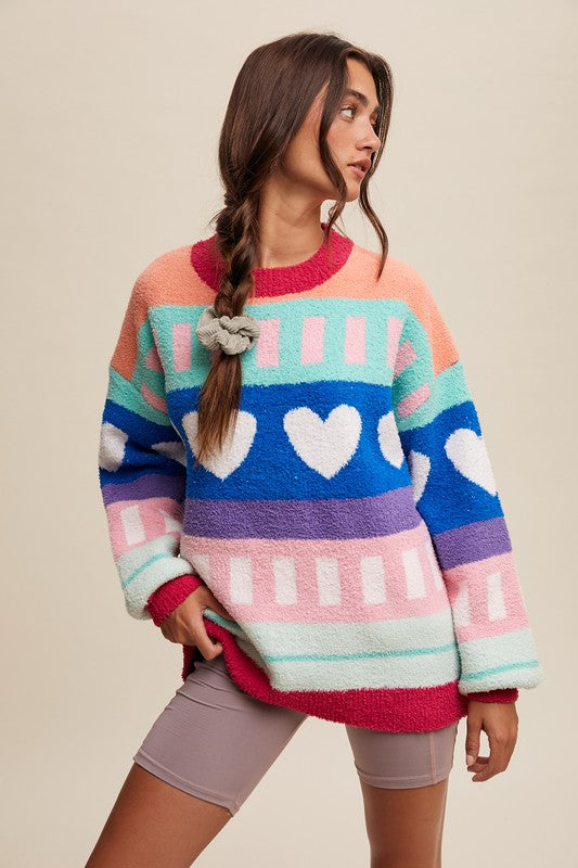 Colorblock Heart Striped Fuzzy Sweater – Retro Rainbow Cozy Knit
