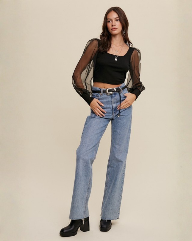 Square Neck Mesh Puff Sleeve Knit Top