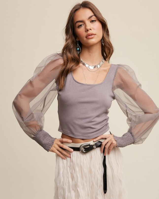 Square Neck Mesh Puff Sleeve Knit Top