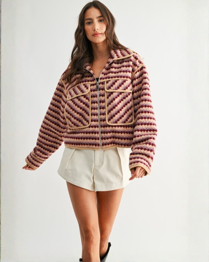 Retro Chevron Zip-Up Jacket – Burgundy Multi | Textured Vintage Style Outerwear