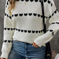 White Contrast Heart Pattern Crew Neck Sweater