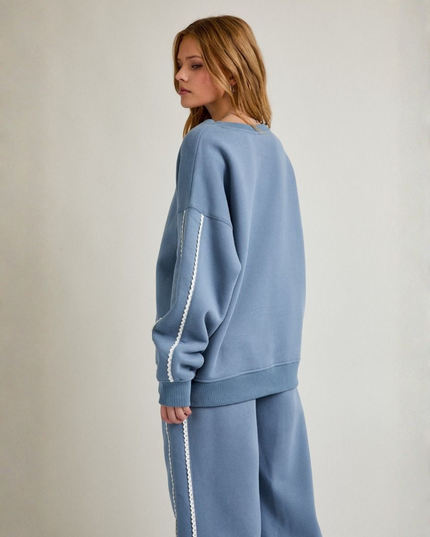 Dusty Blue Lace Trim Sweatshirt – Effortless Cool Meets Soft Street Style