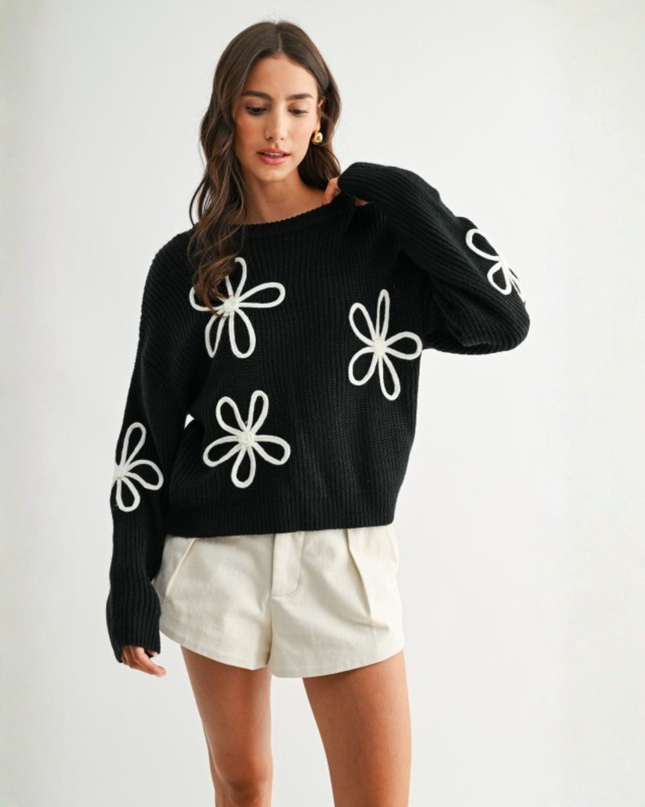 Flower Loop Knit Sweater – Oversized Black Daisy Pullover