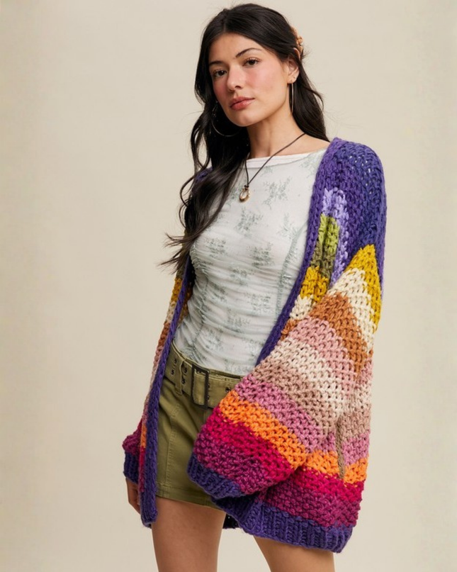 Rainbow Hand-Crochet Chunky Knit Cardigan