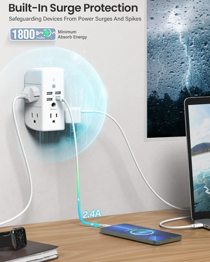 Wall Outlet Extender with USB Ports and Integrated Shelf