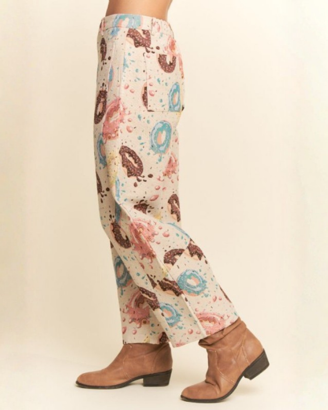 Retro Donut Print Wide-Leg Pants – Creative Streetwear Statement Trousers
