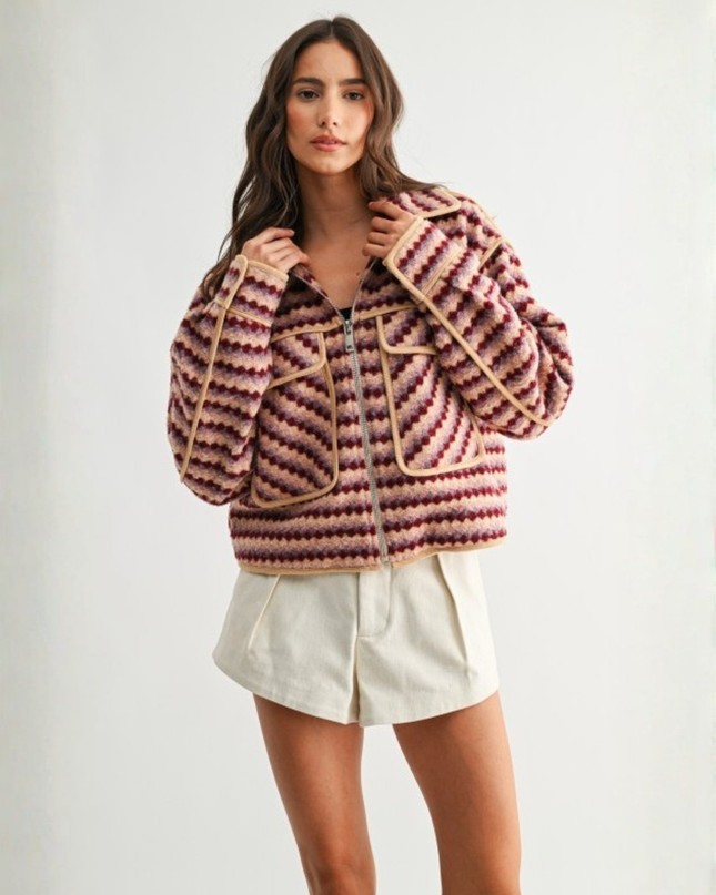 Retro Chevron Zip-Up Jacket – Burgundy Multi | Textured Vintage Style Outerwear