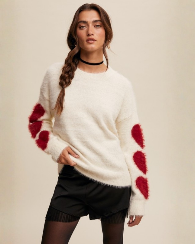 Fuzzy Heart-Sleeve Pullover Sweater – Cream