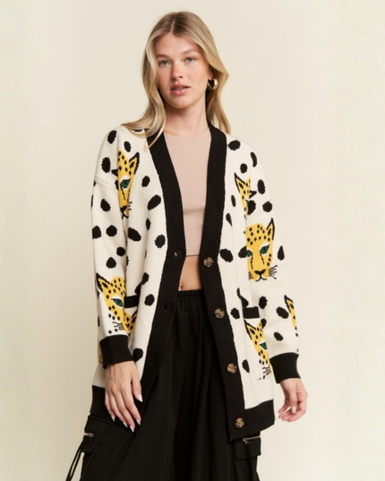 Leopard & Cheetah Graphic Knit Cardigan – Oversized Artsy Statement Sweater