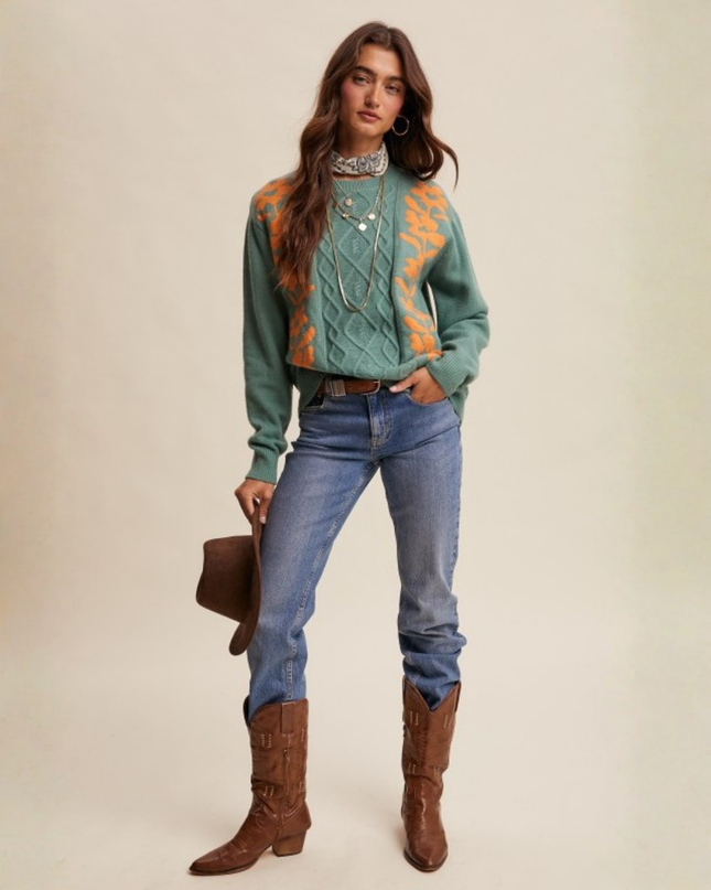 Floral Cable Knit Sweater – Sage Green Retro Cozy Pullover