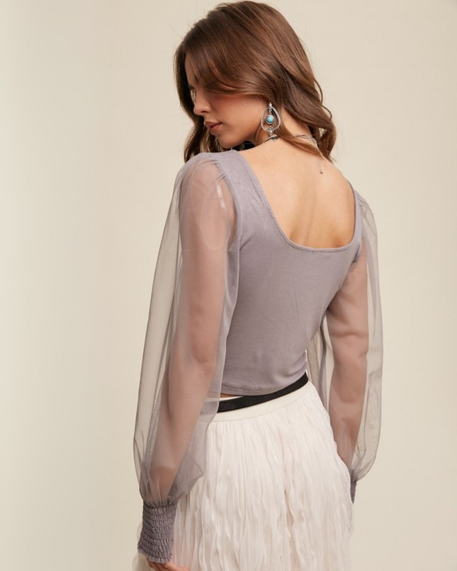 Square Neck Mesh Puff Sleeve Knit Top